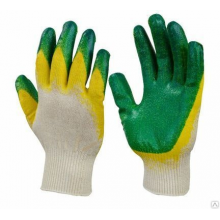 Перчатки ХБ с двойным латексным покрытием Люкс (желто-зеленые) 10пар/100шт